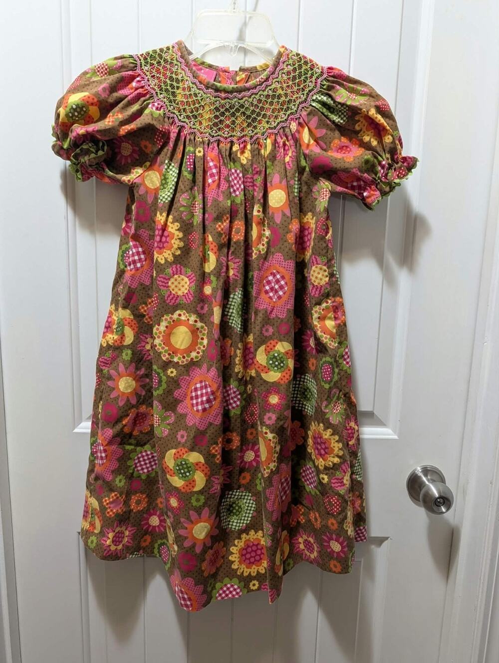 Claire & Charlie Boutique Autumn Fall Brown Floral Hand Smocked Dress Girls 6X